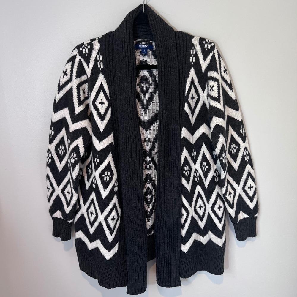 Old Navy Heavy Aztec Geometric Knit Cardigan Sweater (LG) Open Front Neutral